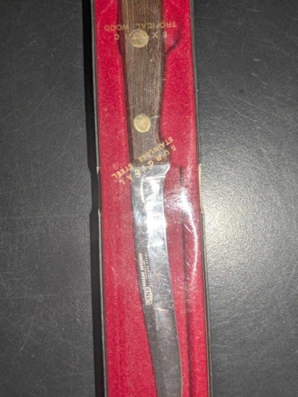 Lynx Dallas Cutlery 5" Steak Knife Exotic Wood Handle NOS Straight Blade Vintage